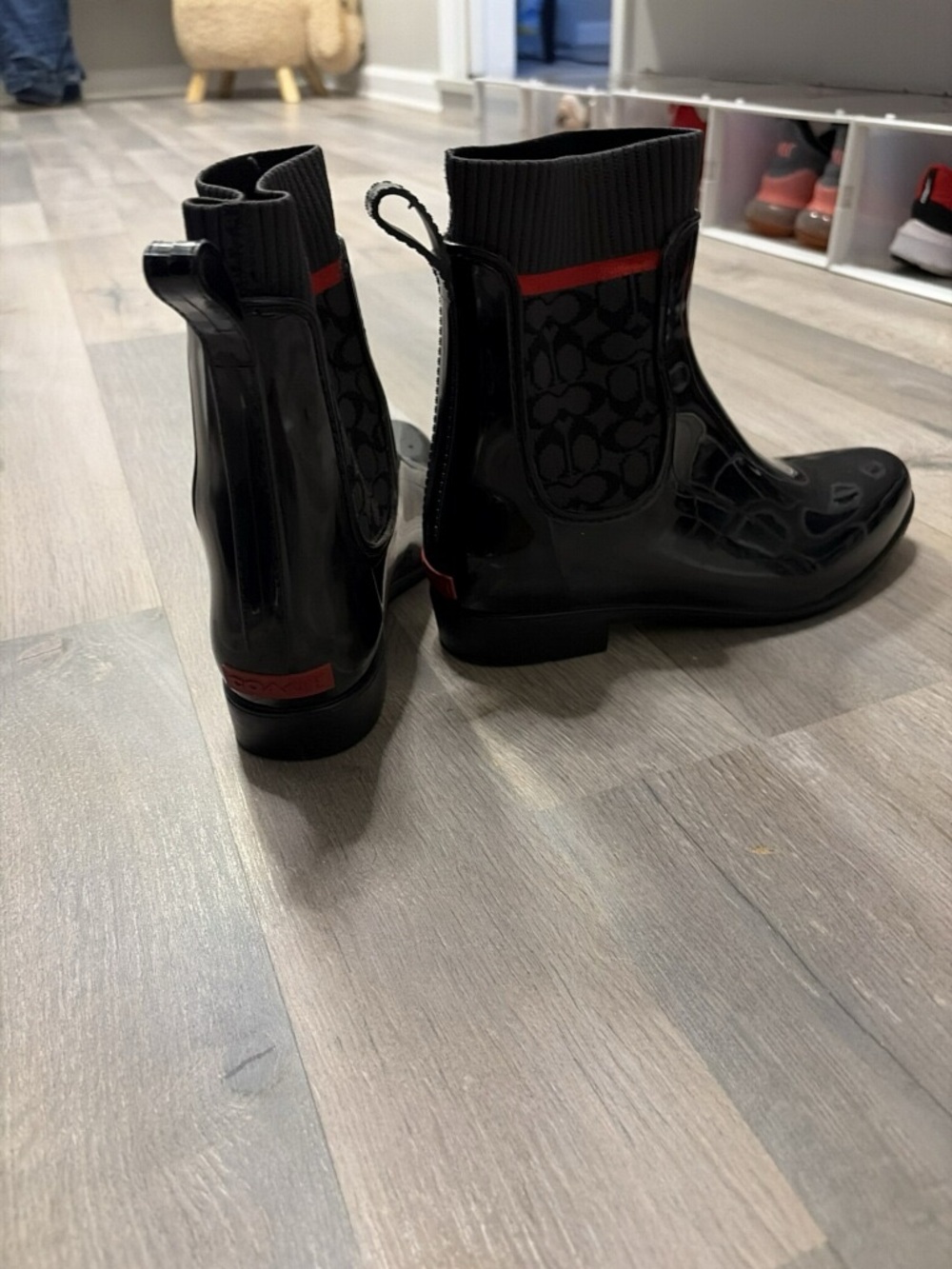 Coach Black Patent Rain Ankle Booties with Red Trim - Picture 3 of 4